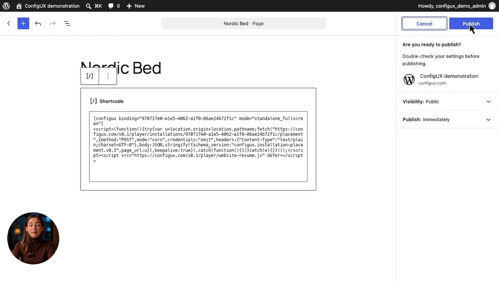 The WordPress editor with a ConfigUX Shortcode block