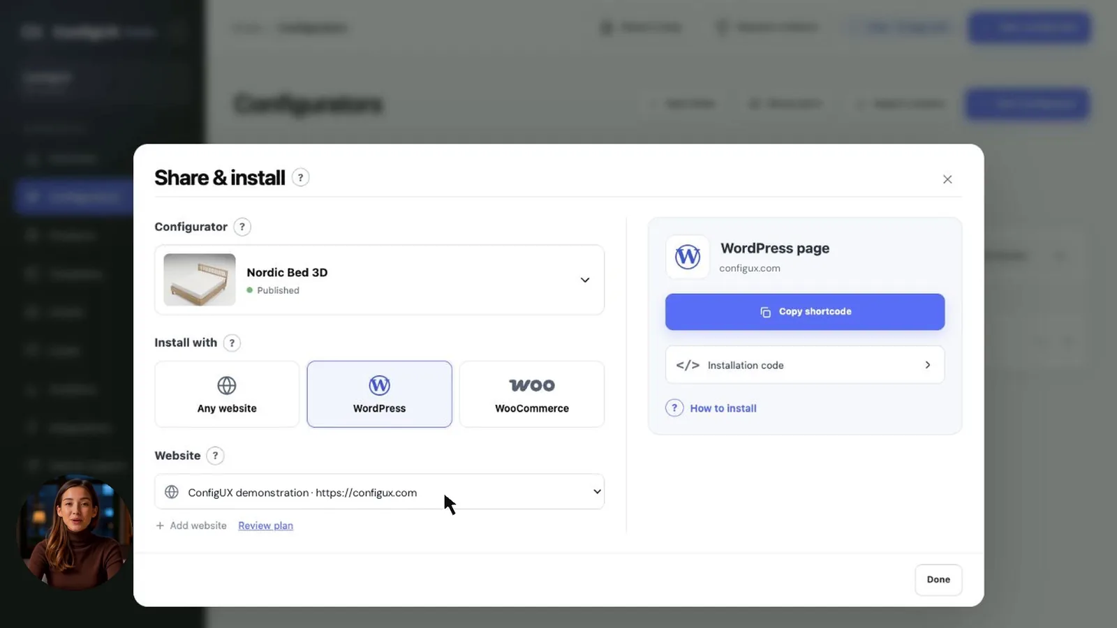 The WordPress installation option and shortcode in ConfigUX