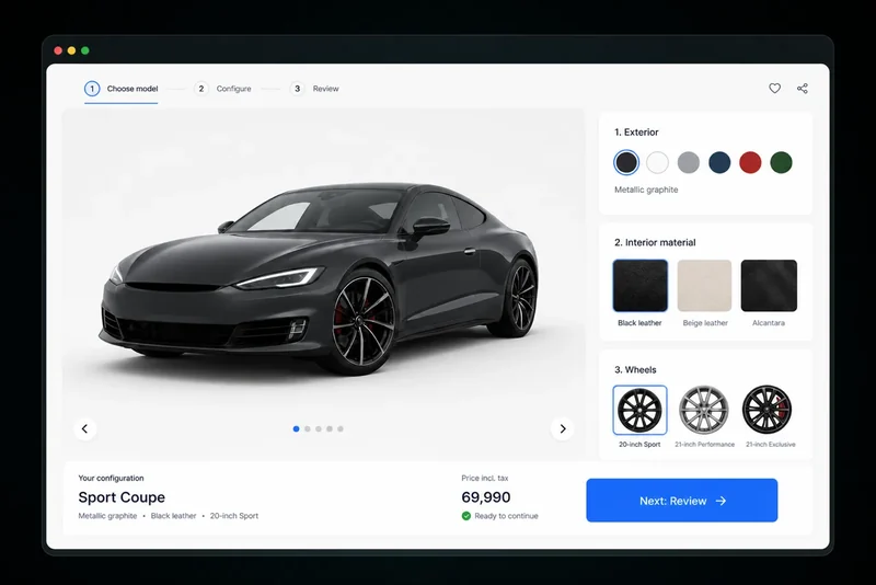 Illustrative ConfigUX-style car configurator with one large product view and three clear choice groups