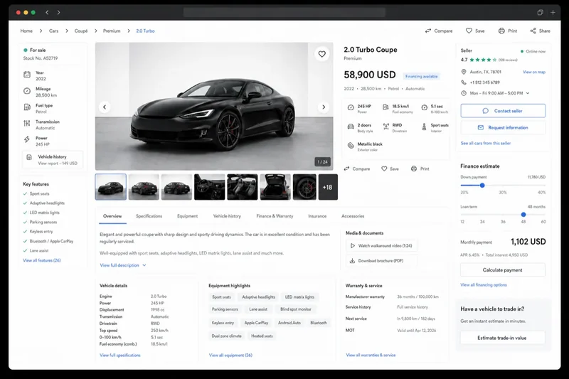 Illustrative busy car product page with specifications, finance details and many competing actions