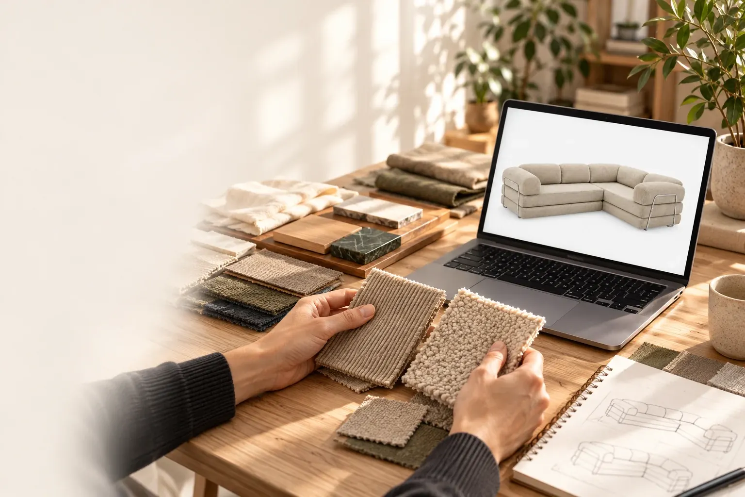Illustrative product workshop: hands comparing upholstery samples beside a laptop with the same sofa