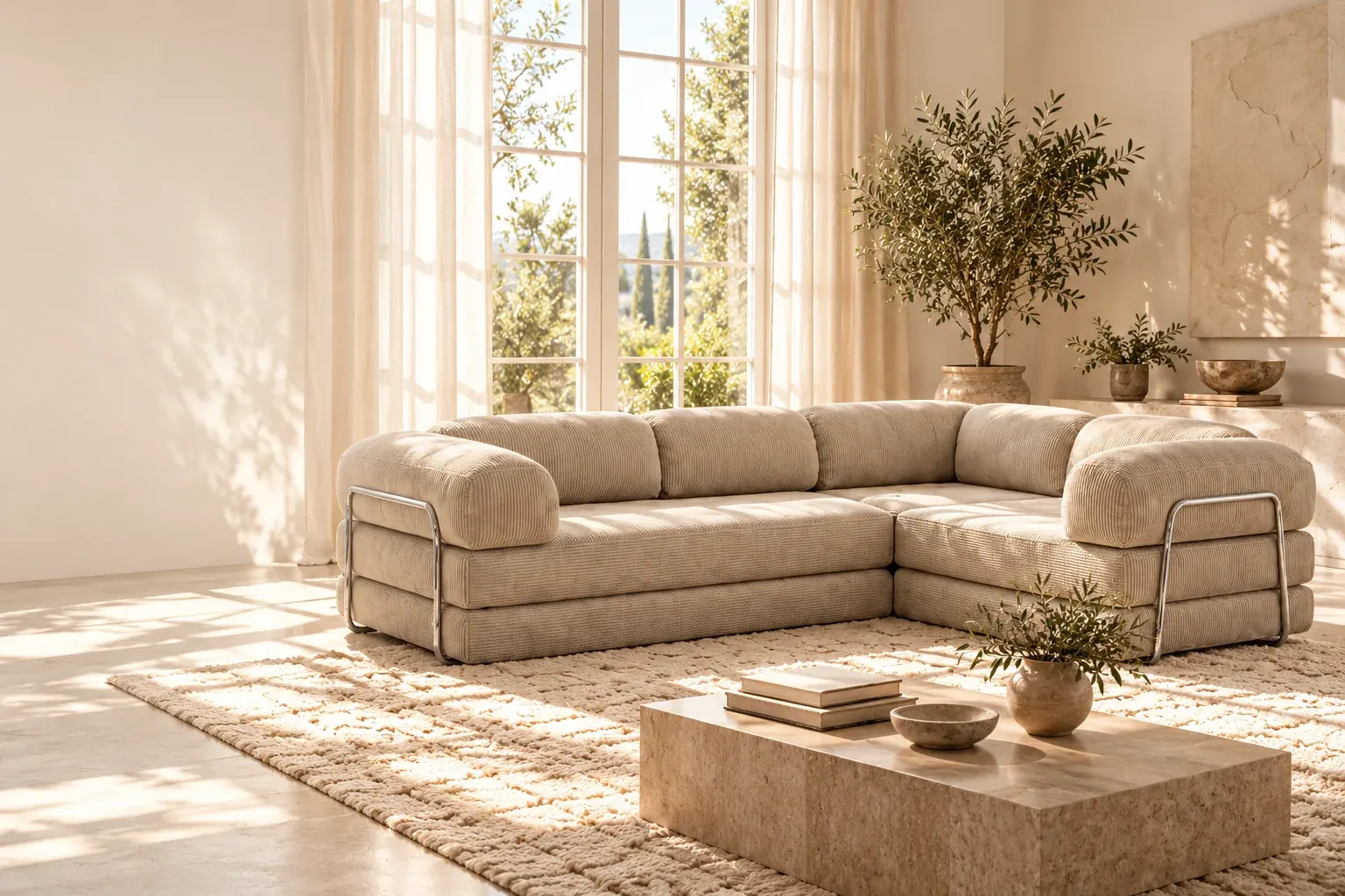 Illustrative sunlit room with the sand corduroy sofa and chrome brackets