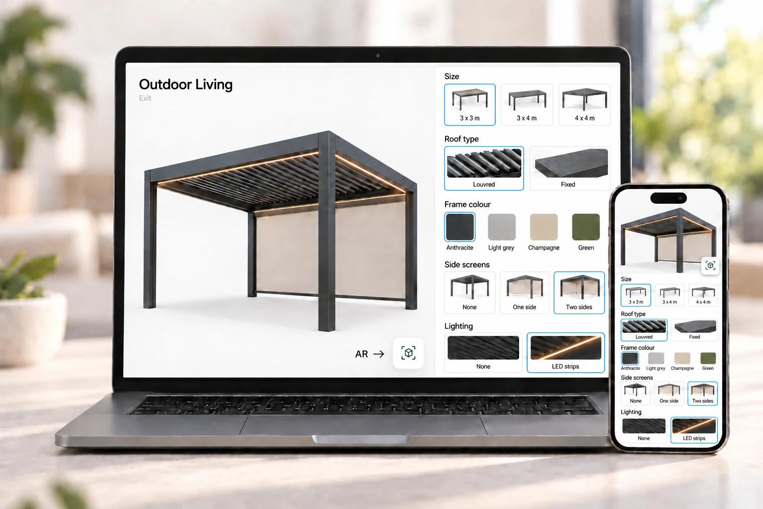 After ConfigUX: a visual pergola configurator with product options on a laptop and phone