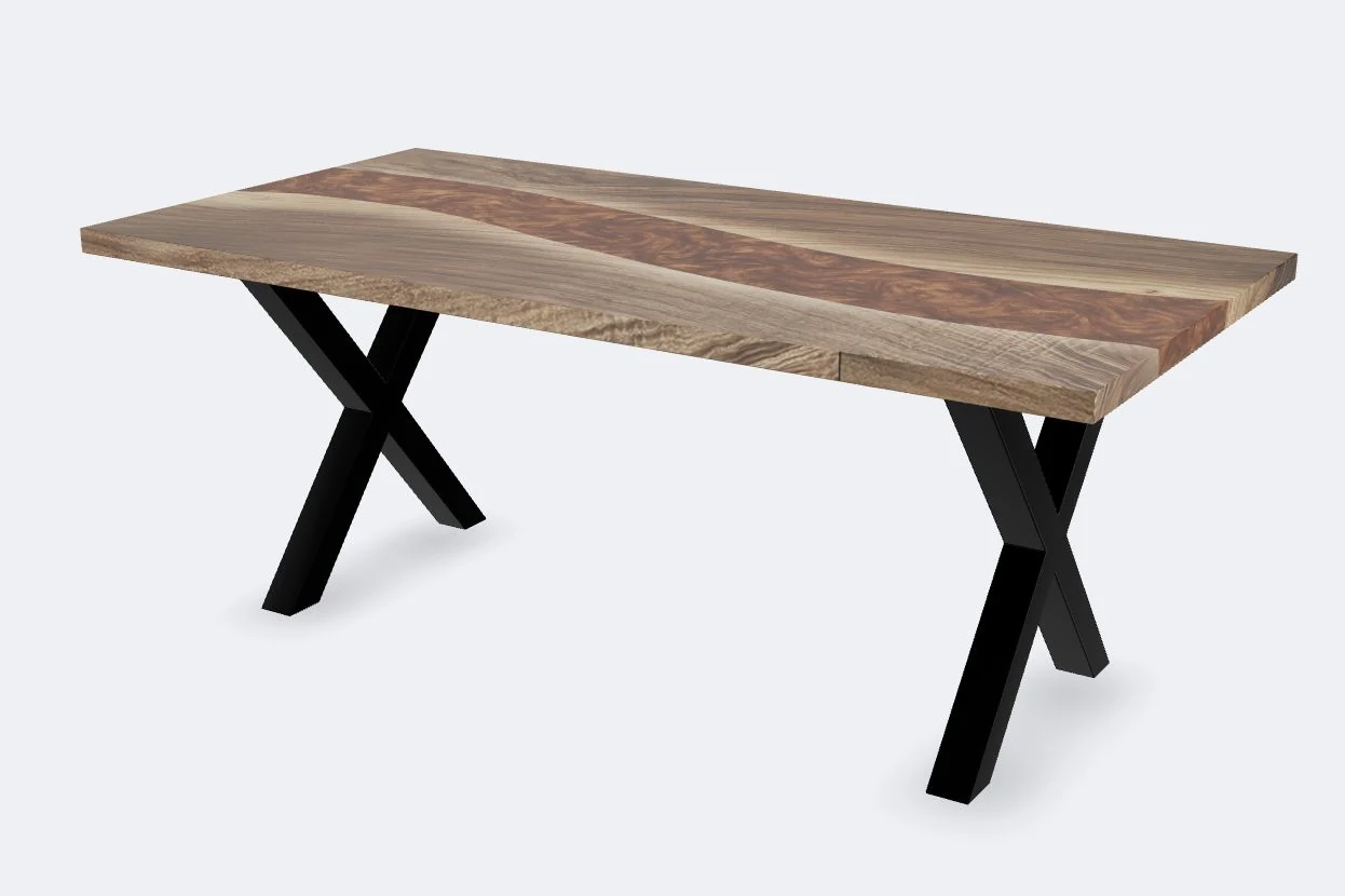 Epoxy Table 3D with burnt copper epoxy, straight edges and black X legs