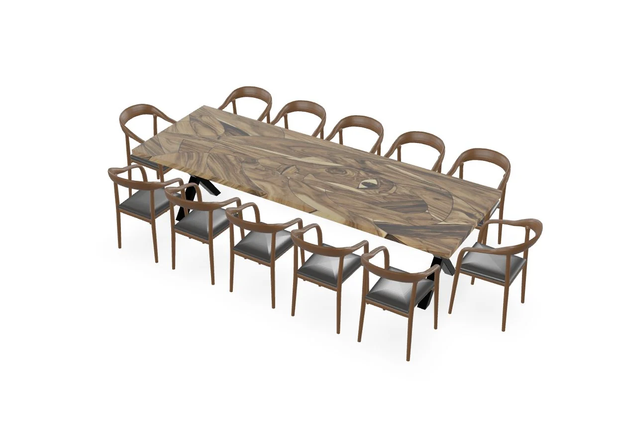 Mosaic Table Eye, 290 cm with satin finish, black X legs and twelve Nut brown chairs