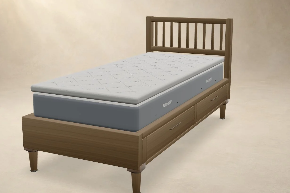 The narrower 90 by 200 cm Nordic oak bed in the published 3D demo