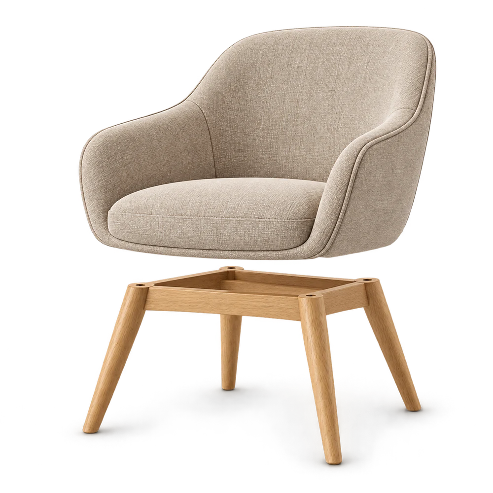 Exploded chair illustration showing the upholstered shell separated from the oak leg assembly