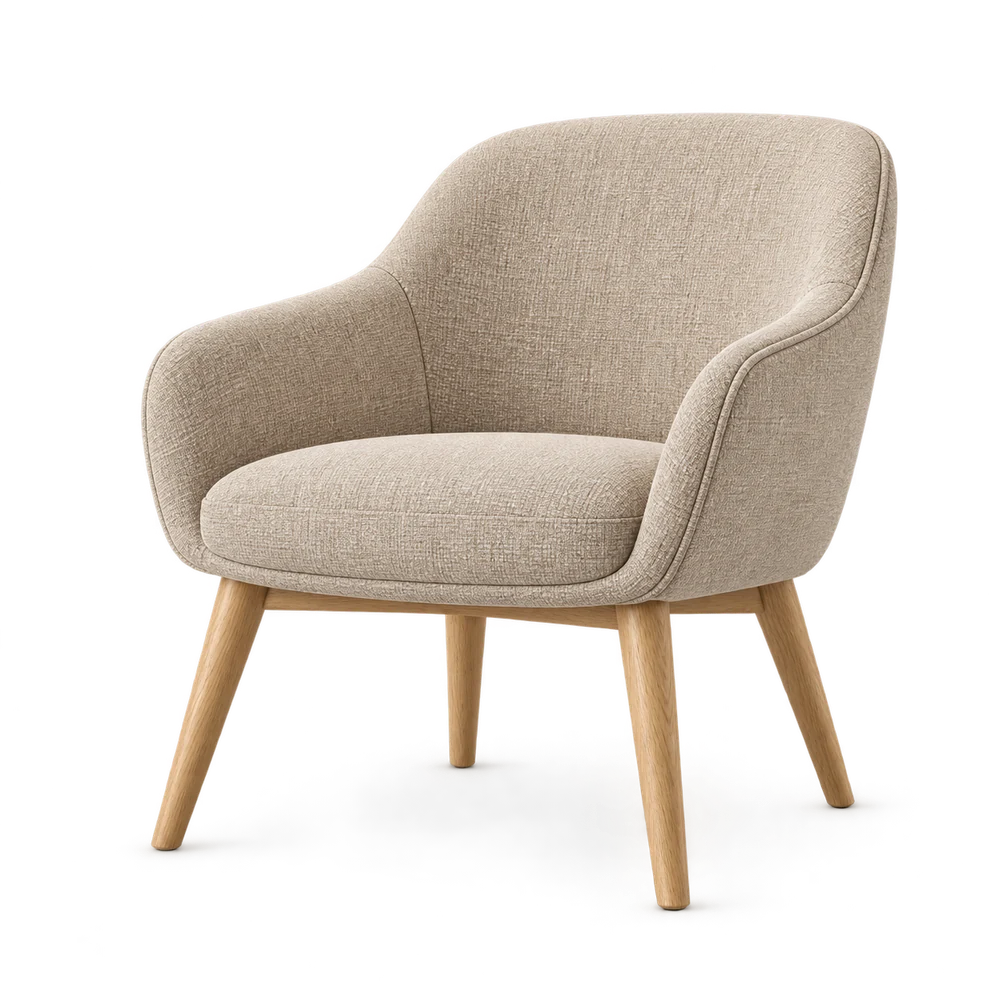 Upholstered chair illustration with realistic sand fabric and oak legs
