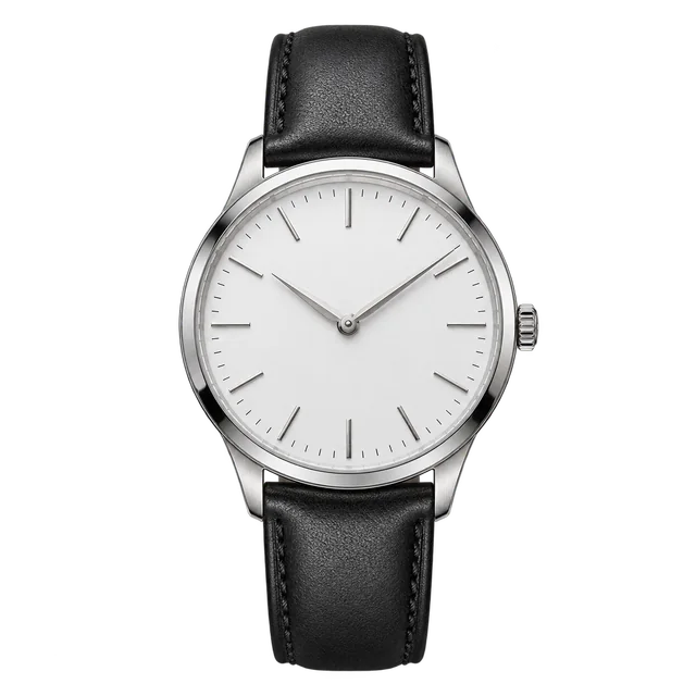 Silver watch with a black leather strap