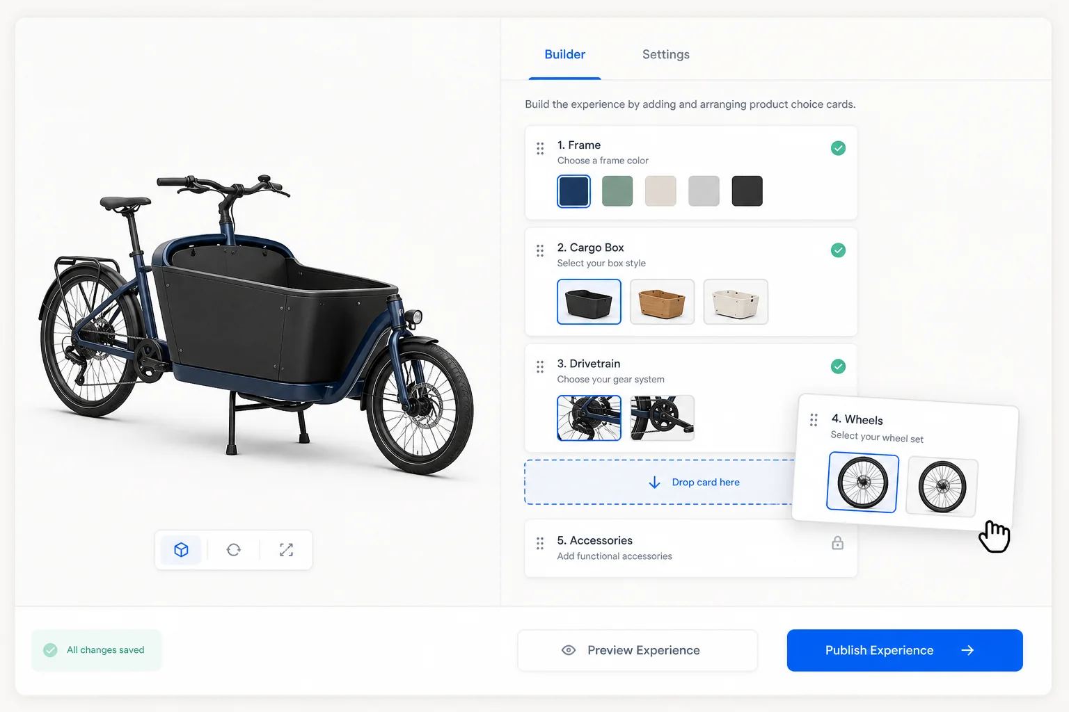 Drag-and-drop builder arranging cargo bike configuration choices