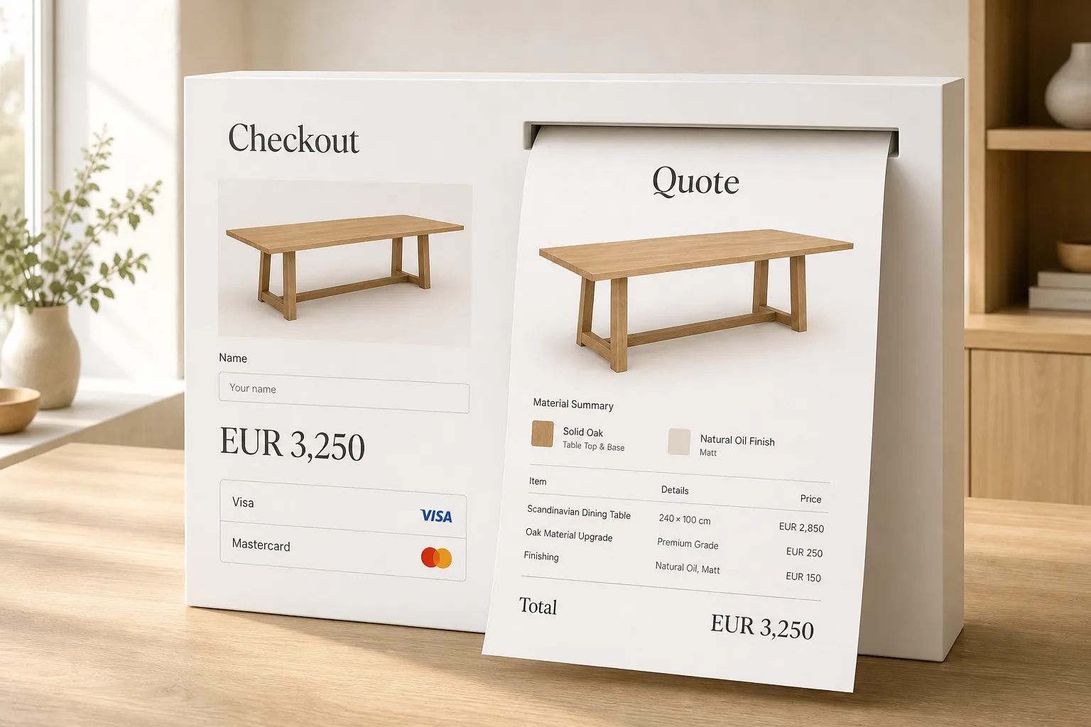 Checkout module with card payment and a detailed quote for the configured oak dining table