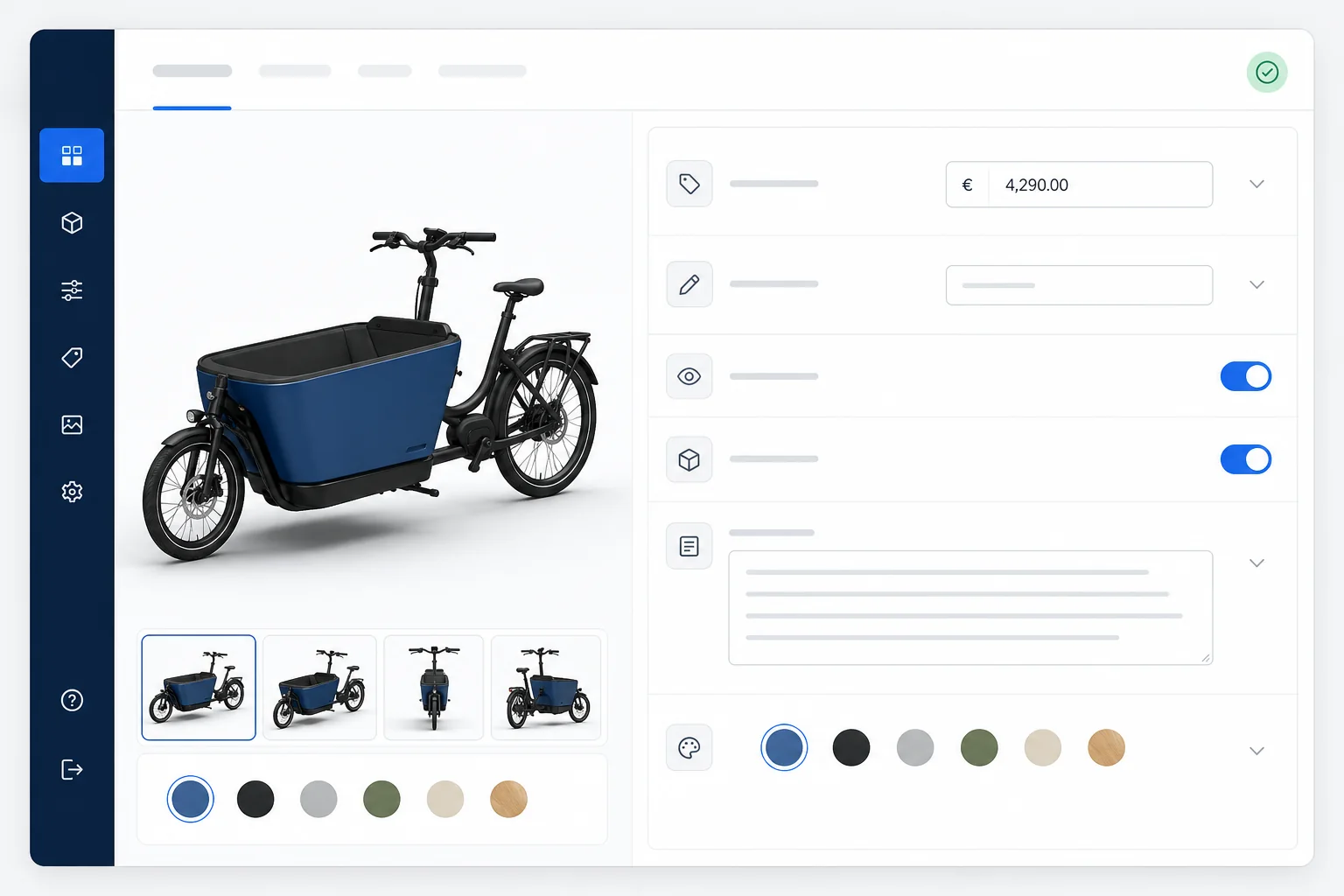 Product dashboard for maintaining cargo bike prices, labels and options