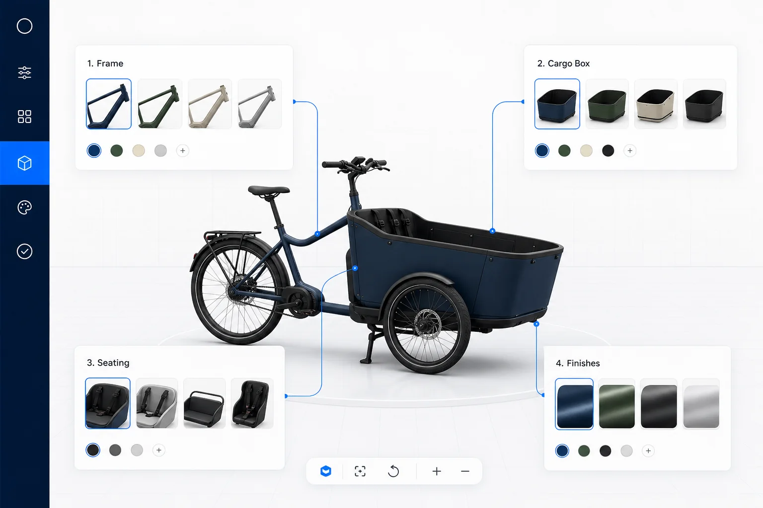 Visual workspace mapping cargo bike components, finishes and product choices