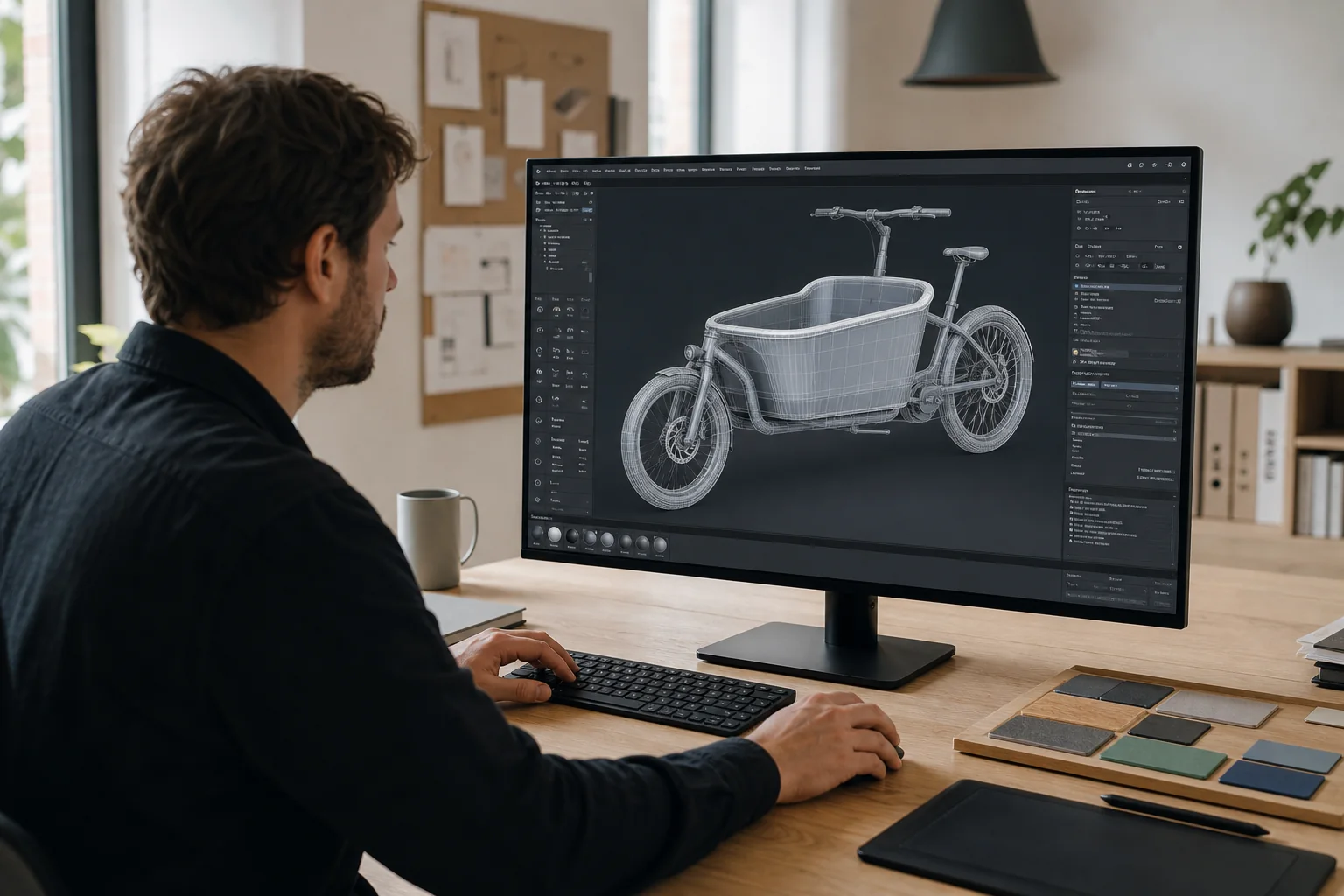 3D artist preparing a detailed cargo bike model on a desktop computer