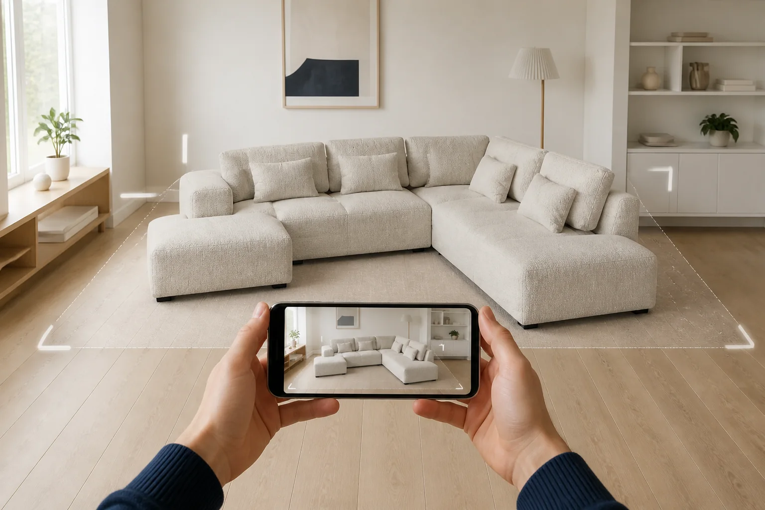 Customer using a phone to preview a cream modular sofa at scale in a Scandinavian living room