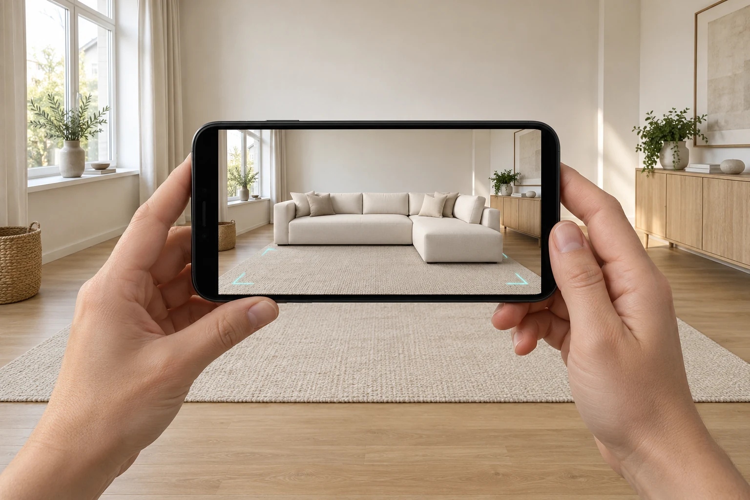 A cream corner sofa appears only on the phone screen; the physical living room rug is empty.