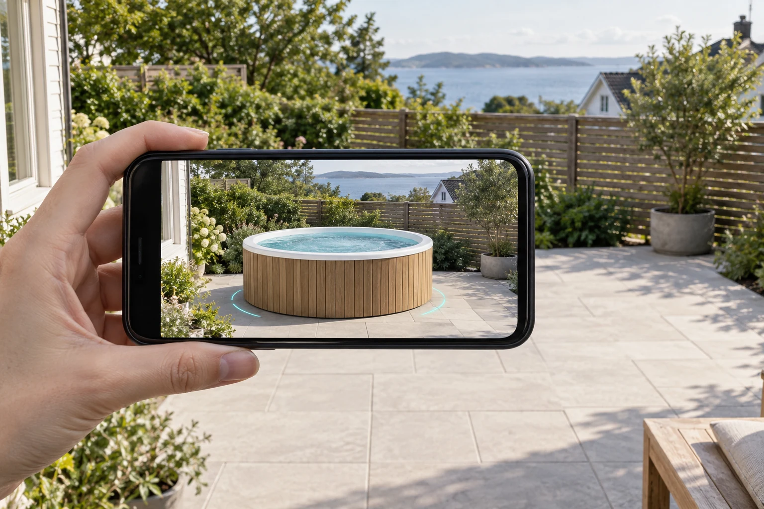 A timber spa appears only on the phone screen, while the real garden patio remains empty.