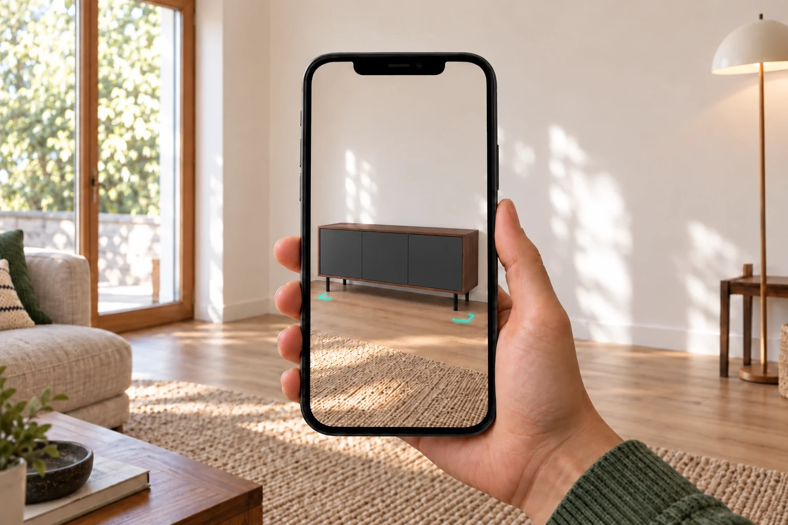 Walnut and charcoal sideboard shown virtually in the same room on a phone screen.