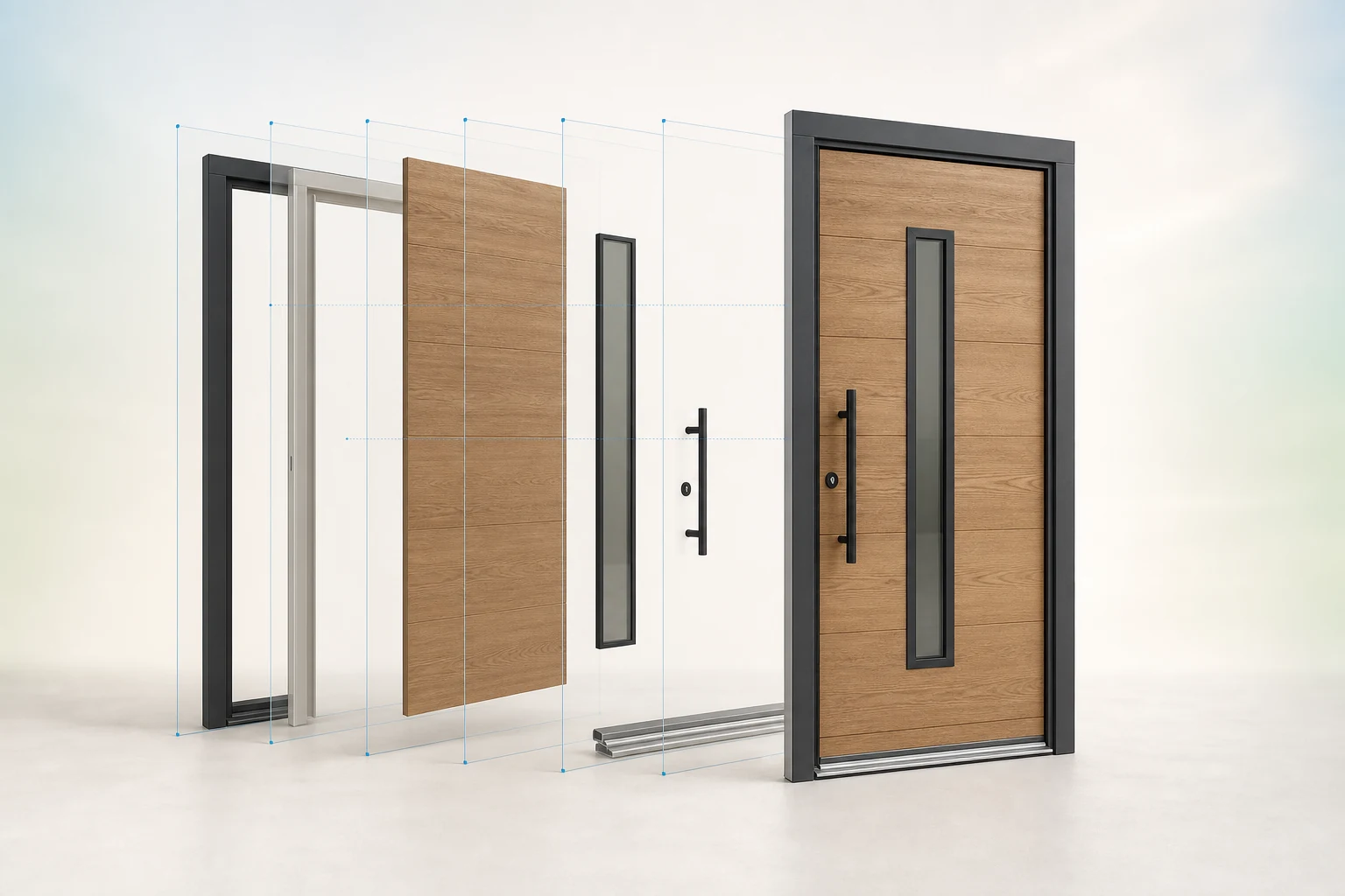 Photorealistic entrance door separated into precisely aligned frame, finish, glass and hardware layers