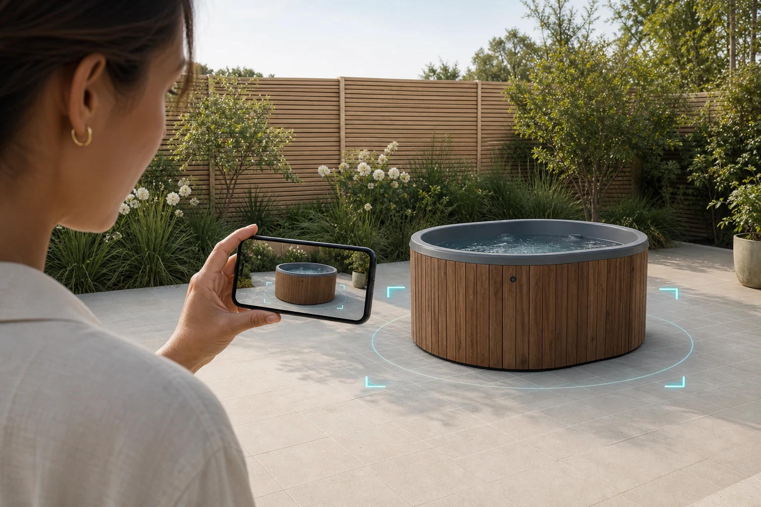 Customer using a phone to place a configured timber hot tub at scale in a garden
