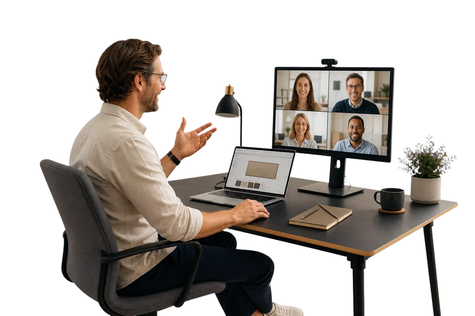 A product specialist collaborating with a remote team by video.