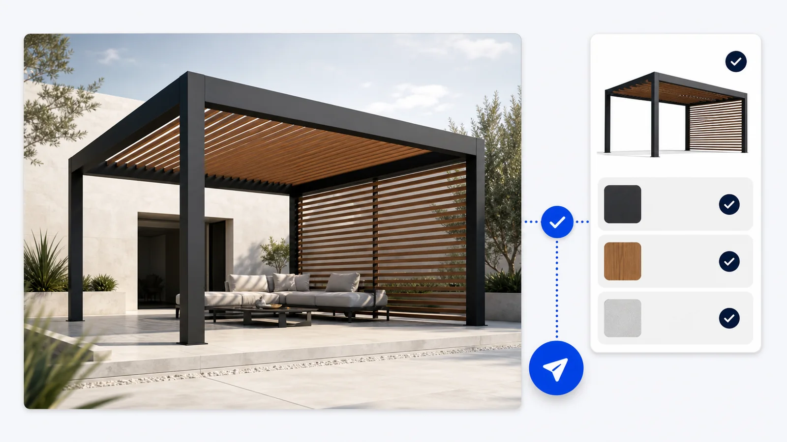 Configured black pergola and its selected finish, roof and screen options