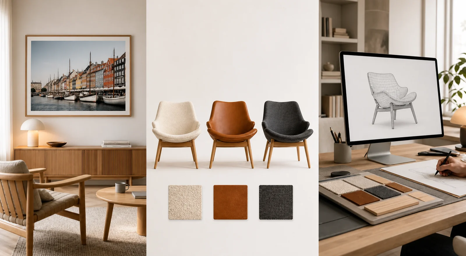 Framed Copenhagen art, three configurable lounge-chair finishes and a designer preparing a 3D product model