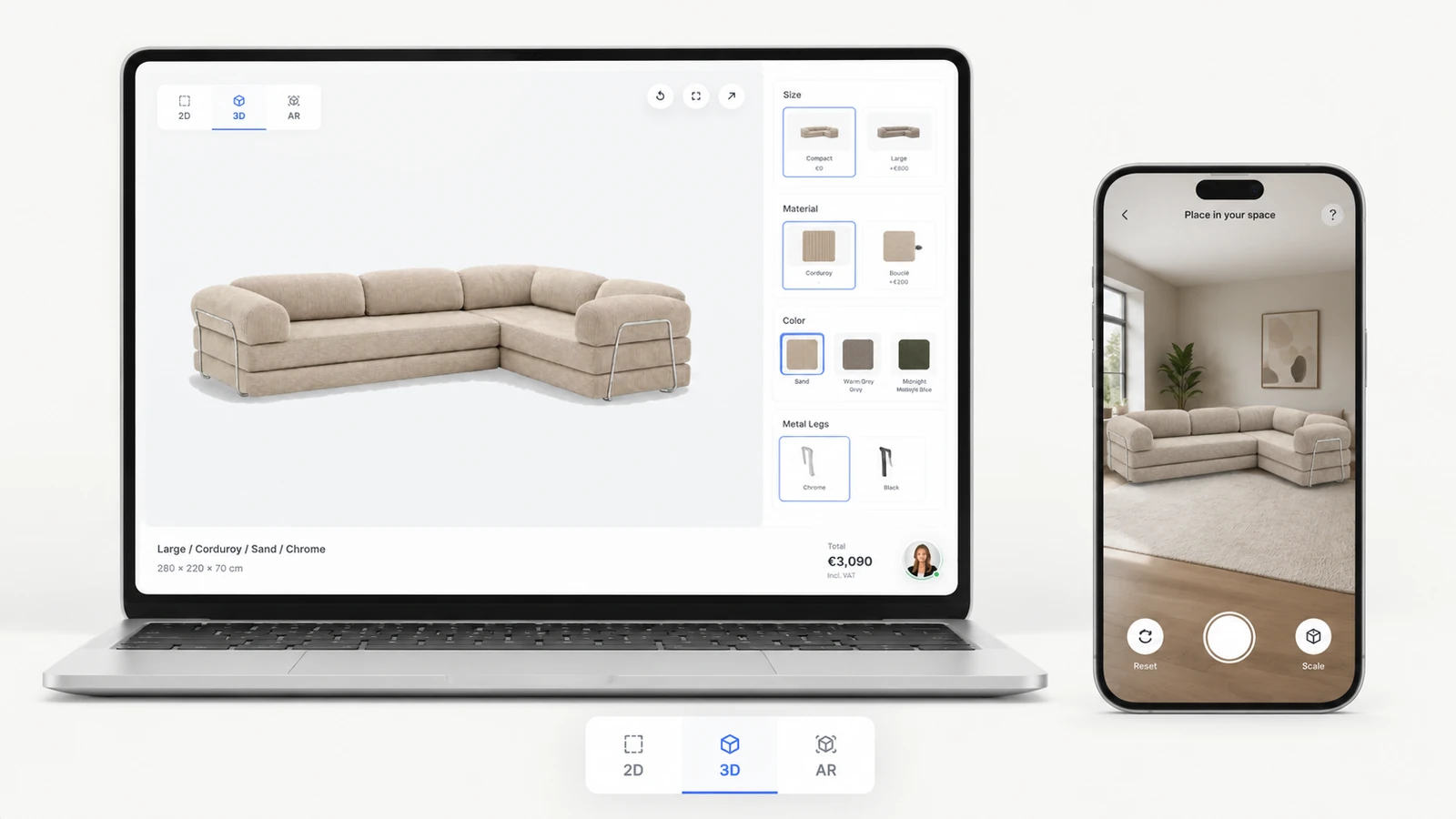 Configured sofa moving from a desktop product view to an AR preview on a phone