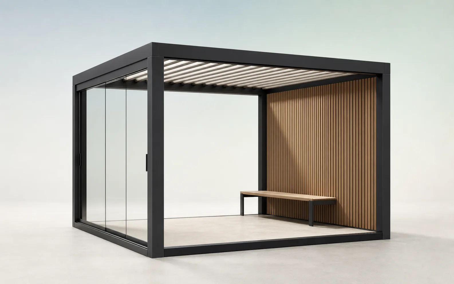 Pérgola modular configurada con estructura antracita, pared de cristal y panel de lamas de roble