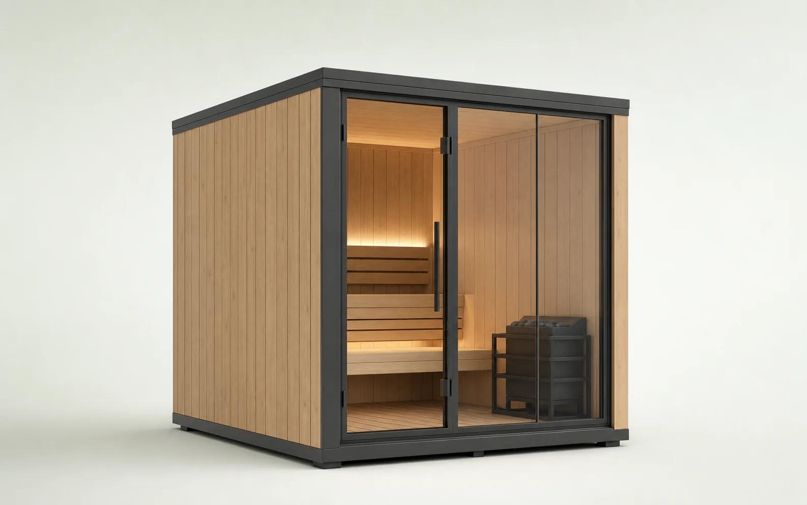 Sauna compacta con frontal de cristal en roble claro