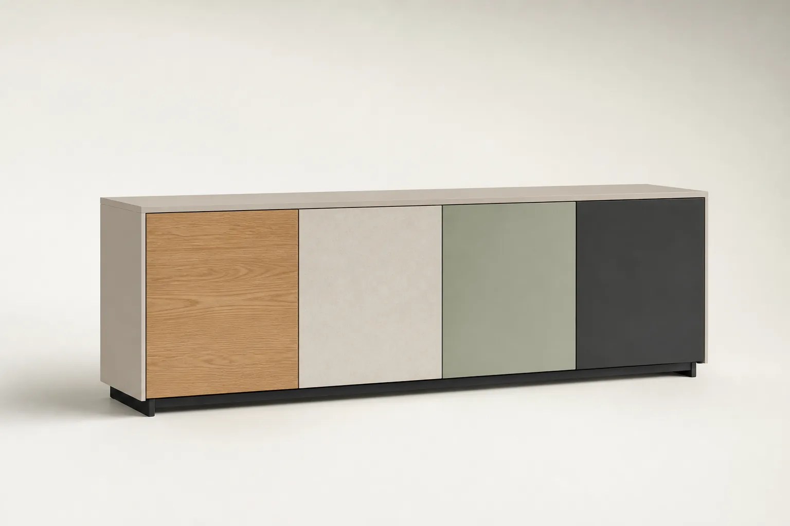 Aparador modular configurado con frentes de roble, neutros, salvia y antracita