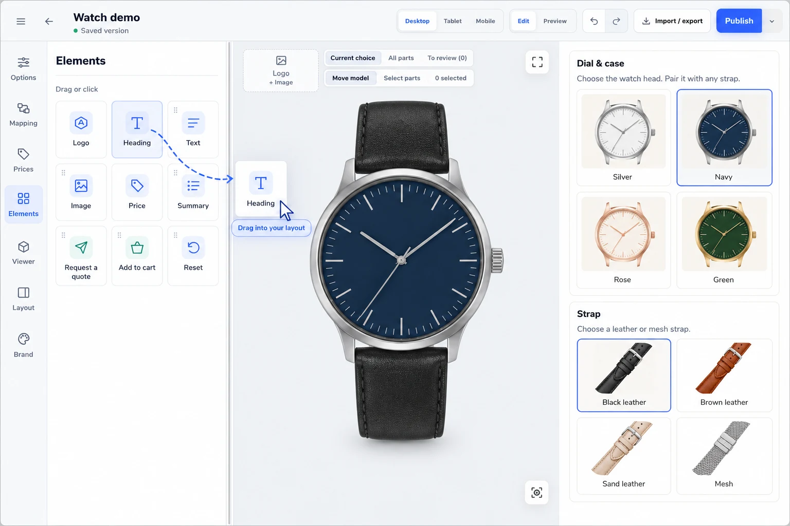 ConfigUX Builder Elements panel with an illustrated Heading drag, a generic navy watch and dial and strap choices.