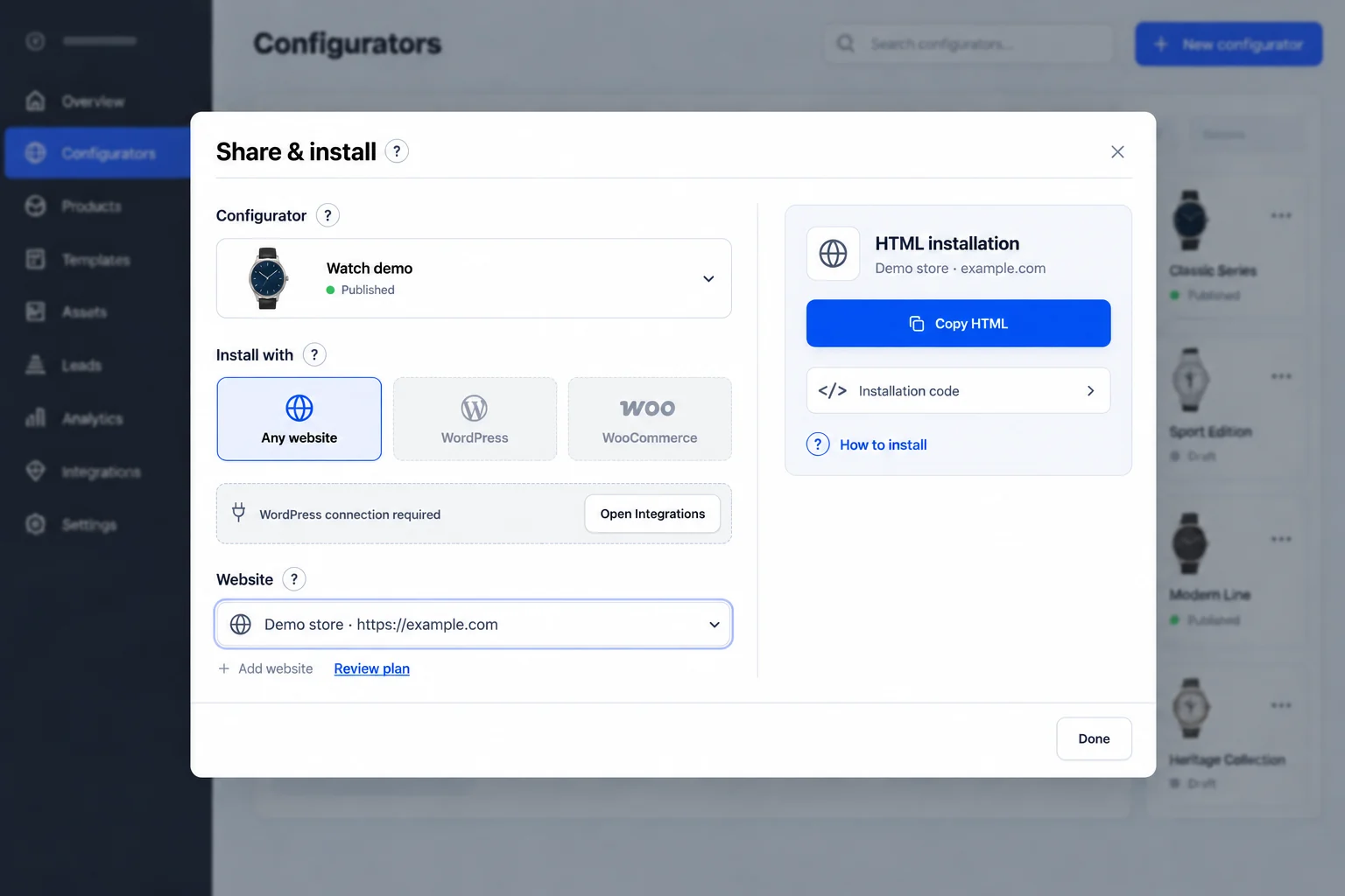 Illustrative Share and install dialog for Watch demo, with the fictional Demo store at example.com selected and Copy HTML available.