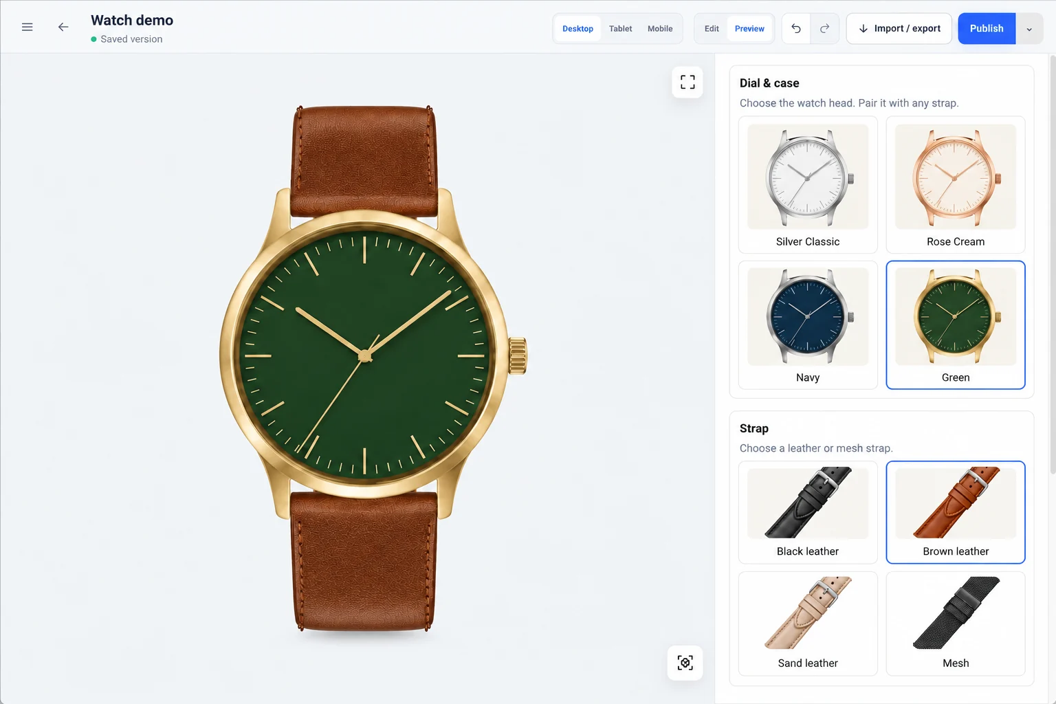 Illustrative watch configurator in Preview, now with a green dial, gold case and brown leather strap matching the selected choices.