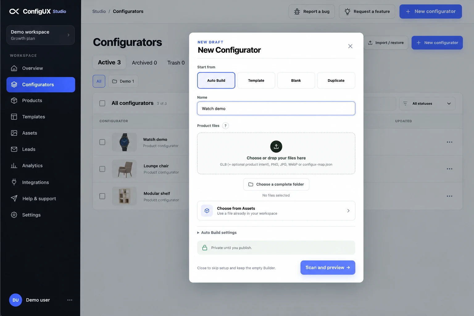 Anonymous ConfigUX Studio workspace with the New Configurator dialog, start routes and product file upload.