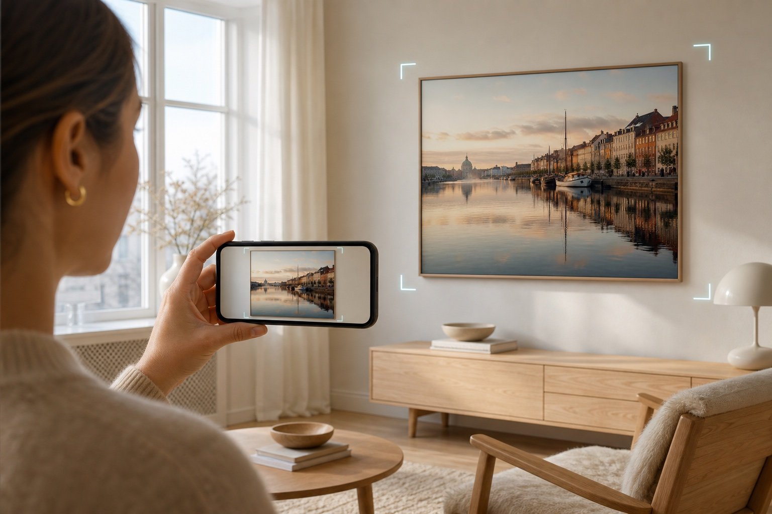 A buyer previewing a framed Copenhagen artwork at scale on a living-room wall