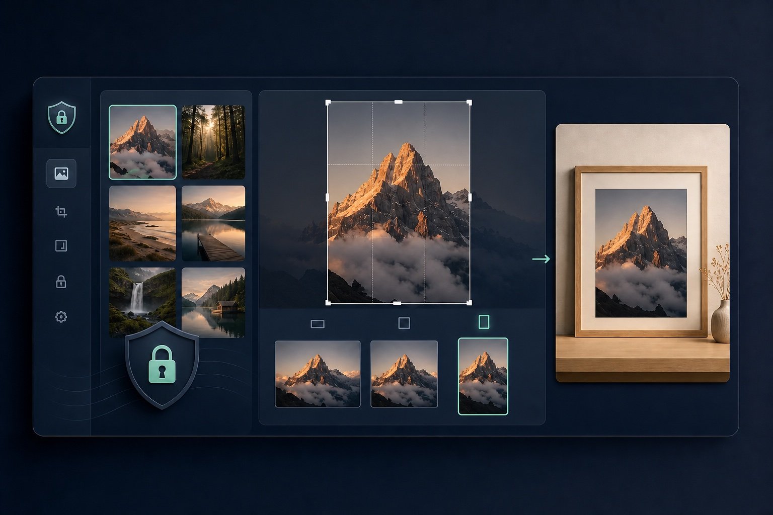 Private gallery workflow with the portrait format selected, a matching portrait crop and a portrait framed preview