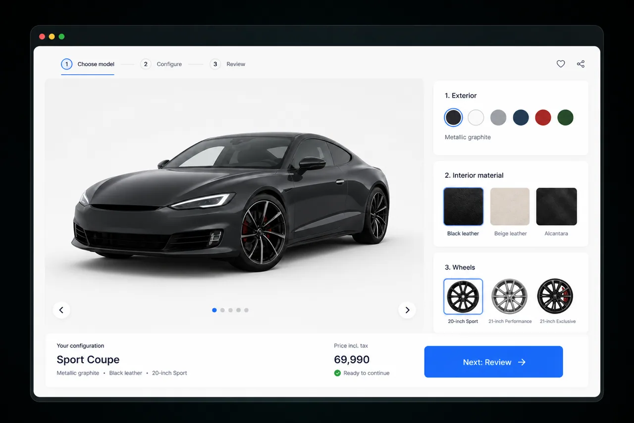 Illustrative ConfigUX-style car configurator with one large product view and three clear choice groups