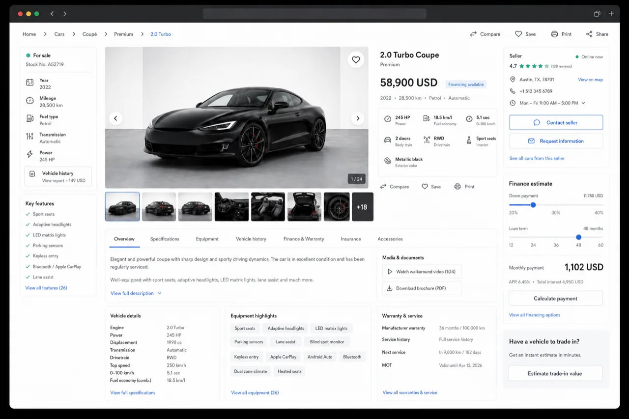 Illustrative busy car product page with specifications, finance details and many competing actions
