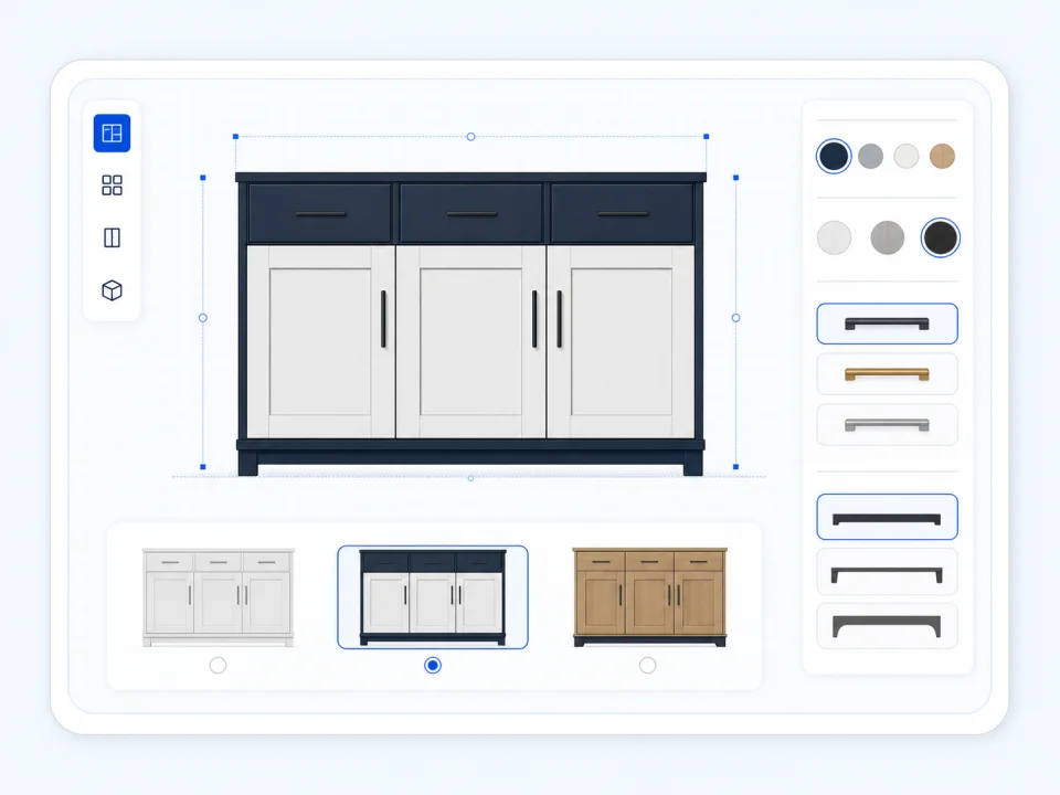 Visual product workspace for mapping cabinet finishes, components and choices