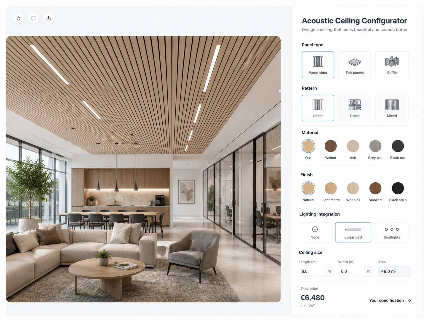 ConfigUX acoustic ceilings configurator concept with panel, profile, timber, lighting and layout