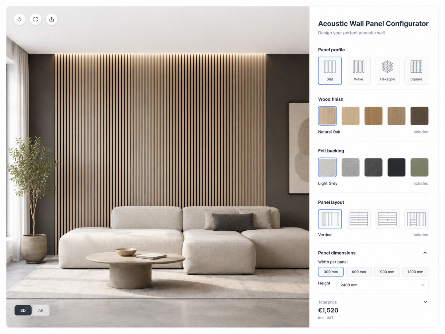ConfigUX acoustic wall panels configurator concept with panel type, timber, colour and layout