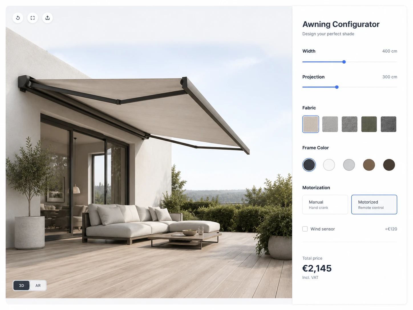 ConfigUX awnings configurator concept with type, projection, fabric and controls
