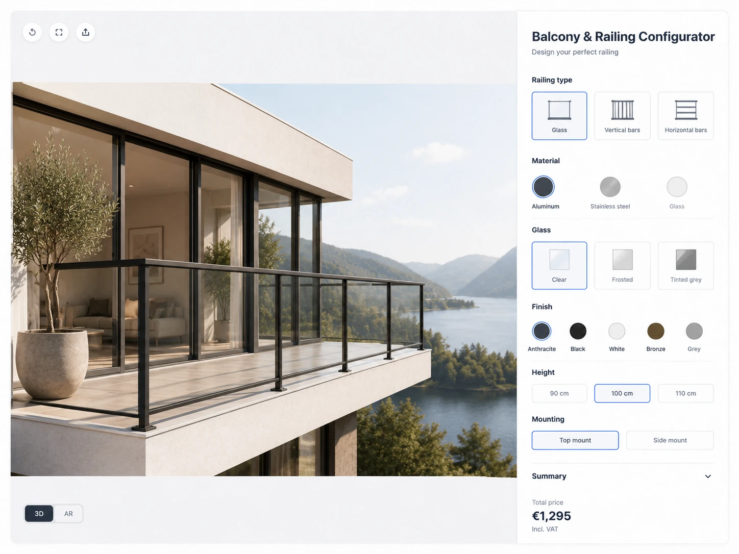 ConfigUX balcony railings configurator concept with layout, posts, infill, colour and mounting