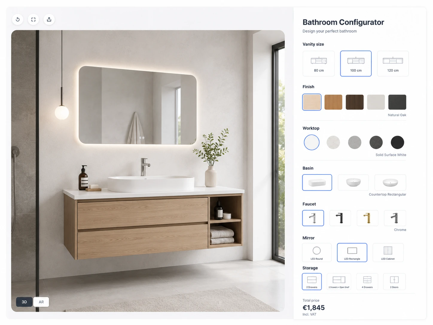 ConfigUX bathrooms configurator concept with layout, furniture, surfaces and fittings
