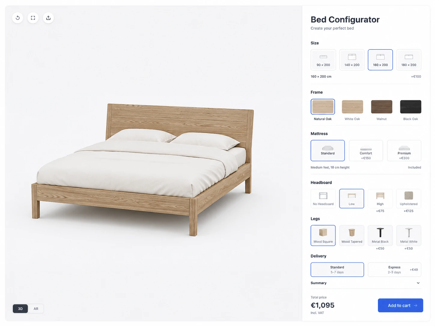 ConfigUX beds configurator concept with size, frame, mattress, headboard and legs