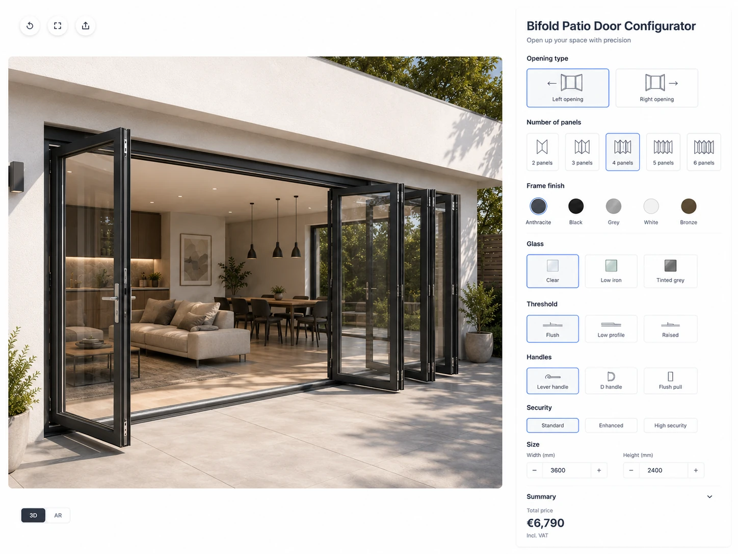 ConfigUX bifold patio doors configurator concept with panels, frame, colour, glass and opening