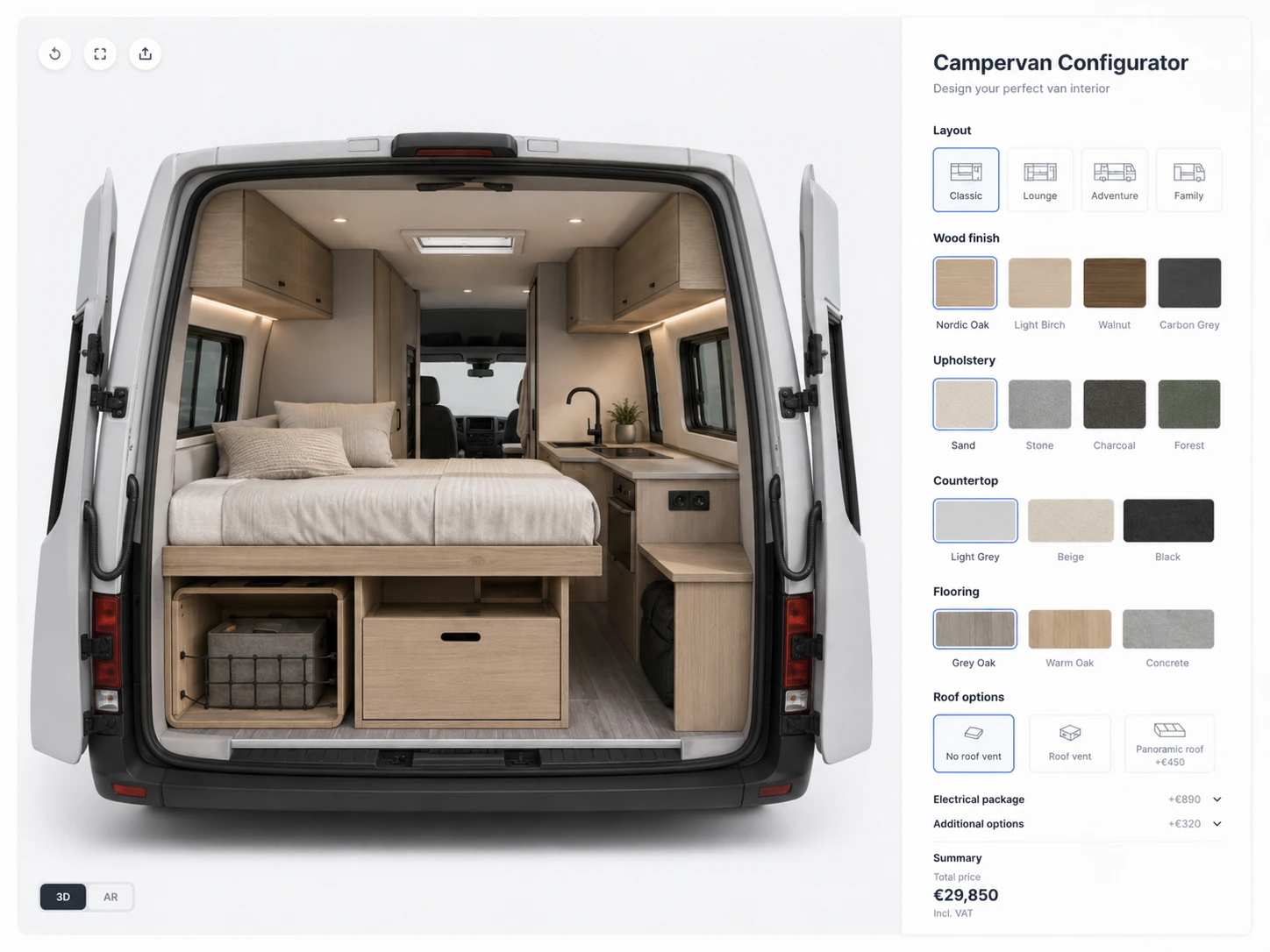 ConfigUX campervans configurator concept with layout, materials, equipment and packages