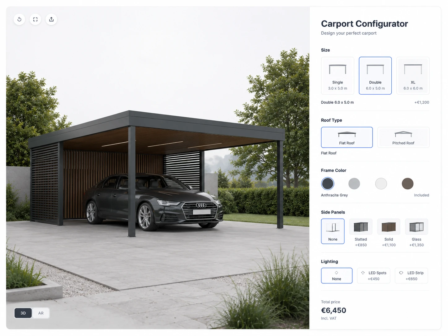 ConfigUX carports configurator concept with width, roof, sides, colour and storage