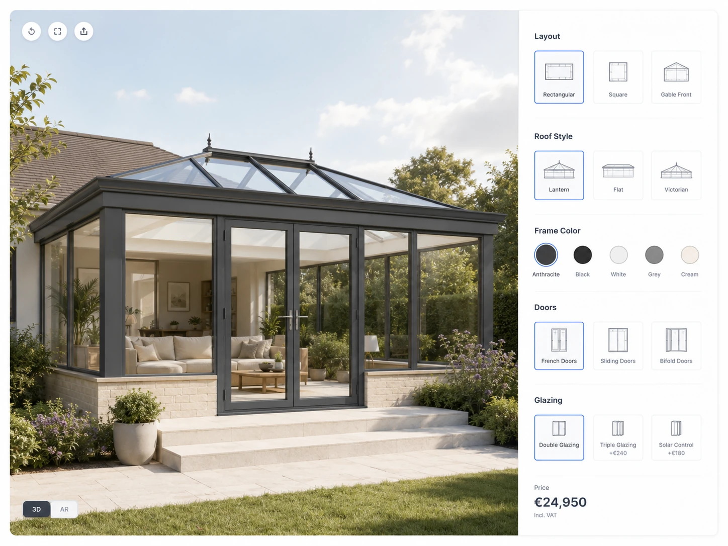 ConfigUX conservatories configurator concept with layout, roof, frame, doors and glazing